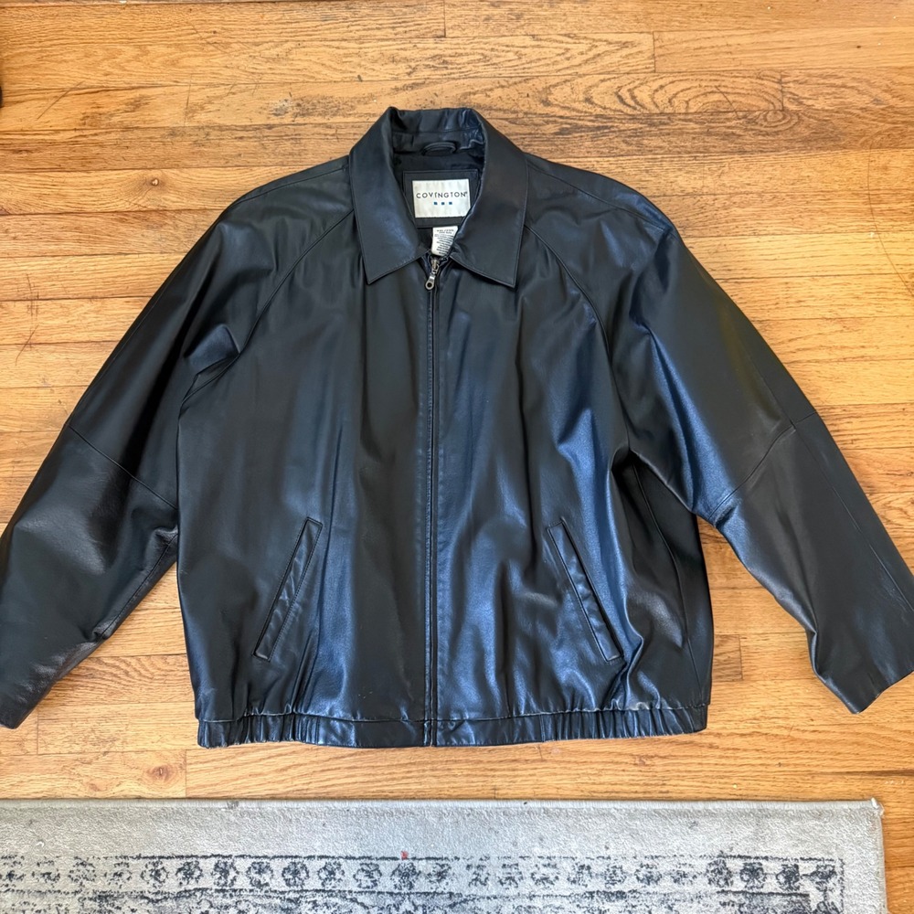 Covington Mens XXL Black Genuine Leather Bomber Jacket Full Zip 50-52 Coat